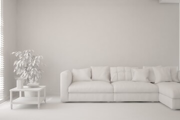 White minimalist living room with sofa. Scandinavian interior design. 3D illustration