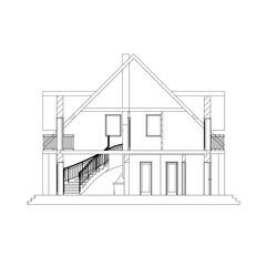 Architectural black and white background. Cross-section suburban house. Modern vector blueprint. Cad model.