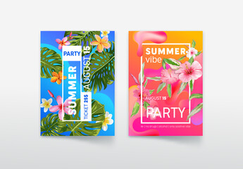 Summer Vibe Party Poster and Ticket with Tropical Plants, Price and Typography. Background with Exotic Flowers, Club Party Flyer Design. Social Media Content Decoration Promo. Vector Illustration