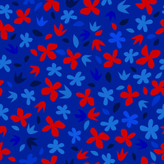 Seamless botanical pattern with stylized red and blue flowers. Vector illustration.