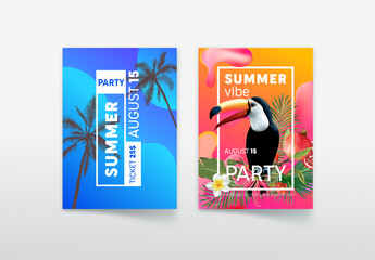 Summer Vibe Party Poster and Ticket with Toucan, Palm Tree, Leaves and Tropical Flowers. Invitation Card Design, Vacation Party Flyer with Price and Typography, Night Club Event. Vector Illustration