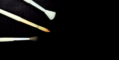    three paint brushes on a black background     