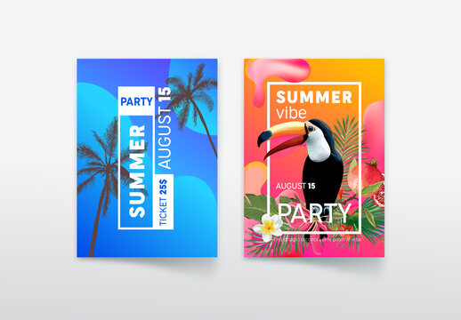 Summer Vibe Party Poster And Ticket With Toucan, Palm Tree, Leaves And Tropical Flowers. Invitation Card Design, Vacation Party Flyer With Price And Typography, Night Club Event. Vector Illustration