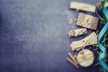Tilt shift effect.Concept of losing weight and a healthy lifestyle. Bread roll with vegetables and...