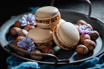 Brown hazelnut macaroons made of hazelnut and walnut