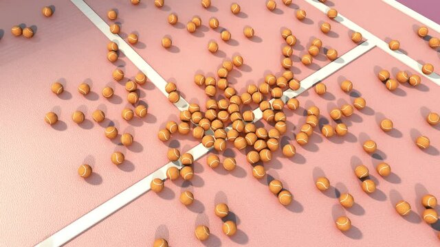 3D render of orange tennis balls in a stack falling on to the pink court. Fun colors that are great for advertising