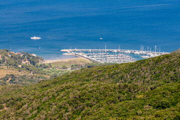 Beautiful aerial view of the tourist port of Cala Galera in the naturalistic area of Monte...