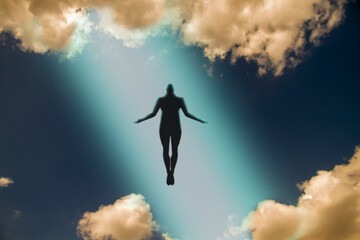 The dark silhouette of the soul of a deceased person ascends to heaven against a background of clouds. Afterlife, the concept of the immortality of the soul. 3D rendering - obrazy, fototapety, plakaty