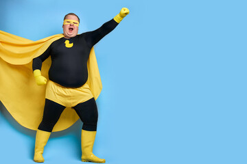 fantastic fat superhero man is defender of universe, ready to solve all problems, brave and strong....