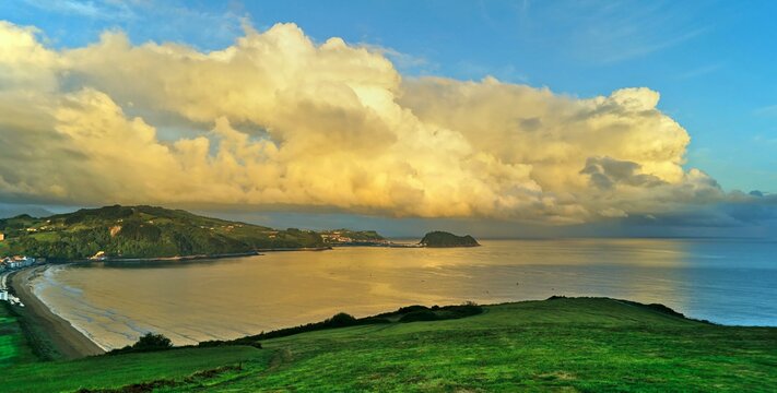 panoramic view of basque towns Zarautz and Getaria, the beach and the ocean
