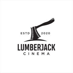 LumberJack Movie reel Logo Design. Black Axe cinema,film production logo template. Hatchet cinematography logo Design Retro Hipster