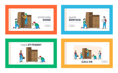 Furniture Assembling Landing Page Template Set. Workers Repair and Installation Works. Carpenter and Craftsman Characters Assembly Wardrobe with Shelves Using Tools. Linear People Vector Illustration