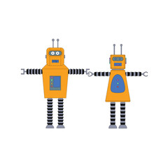 Toy robots. Robot boy and robot girl in a white background. Isolated. Vector Illustration.