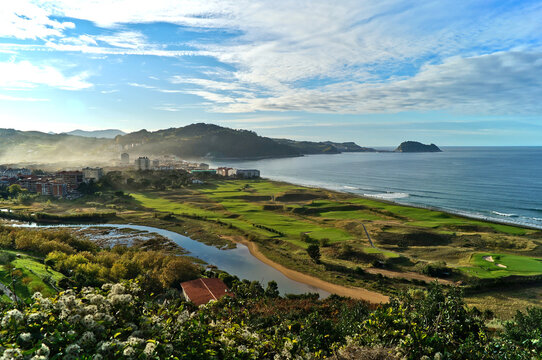 panoramic view of basque town Zarautz, the beach and the ocean