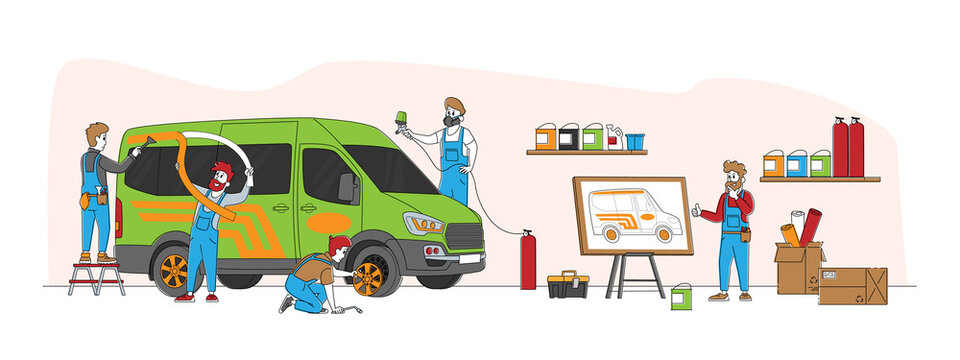 Car Tuning Concept, Automobile Tuner Workers Characters with Instruments Doing Vehicle Modification at Auto Service. Car Body Shop, Transport Upgrade, Painting. Linear People Vector Illustration