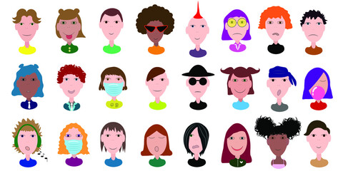 Fototapeta na wymiar Set of avatar girls and boys, 24 pieces. Icon set of boys and girls faces on a white background