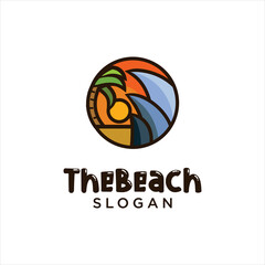 Sun Beach Logo Design Vector. Beach landscape Palm Tree Logo Design Nature. Holiday Logo Design Badge Concept.