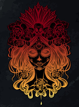 Vector illustration. Dia de los muertos, magic,day of dead faces, girl, mysticism, tattoos. Handmade, prints on T-shirts, background chalkboard, red yellow color