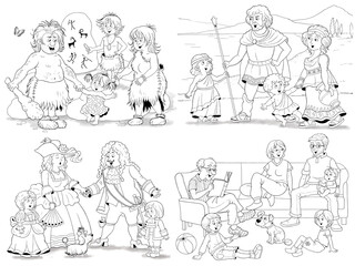 History of family, history of fashion. Families in different ages. Set of four pictures. Coloring page. Illustration for children. Cute and funny cartoon characters