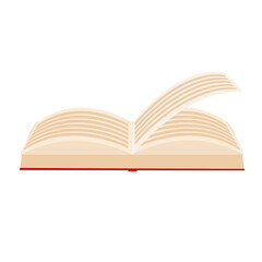 Red covered opened book with pages fluttering on white background. Flat vector illustration.