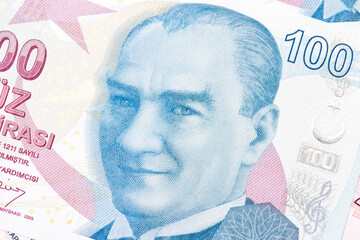 Turkish, One Hundred Lira banknote front, close-up detail.