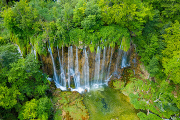 Aerial view of the waterfall on the Plitvice Lakes National park Croatia