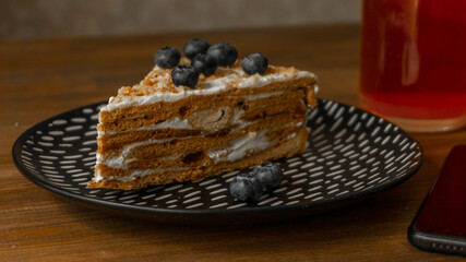 delicious homemade cake with blueberries, summer morning