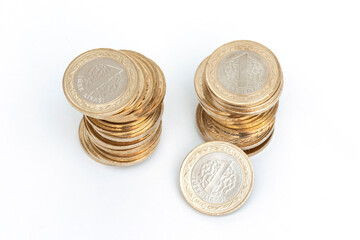 Stacks of Turkish One Lira coins.