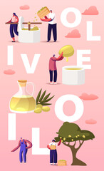 Characters Extracting Virgin Olive Oil Concept. Tiny People Farmers Making Natural Production, Gardening Trees, Pressing Olives into Container Poster Banner Flyer. Cartoon Vector Illustration