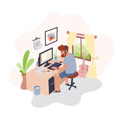 Female graphic designer, illustrator or freelance worker sitting at desk and work on computer at home. Creativity process, creative workplace. Modern vector illustration in flat cartoon style.