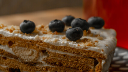 delicious homemade cake with blueberries, summer morning