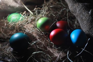 Easter painted eggs on burlap