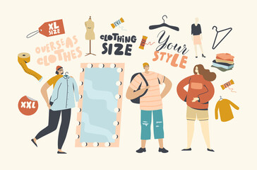 Characters Wear Oversize Clothes. Young Plus Size Woman Choose Fashioned Dress in Store. Fat Girl Stand front of Mirror Try on XL Apparel. Shopping Spare Time, Hobby. Linear People Vector Illustration