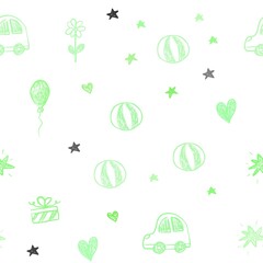 Light Green vector seamless backdrop with holiday gifts. Illustration with a colorful toy car, heart, baloon, tulip, candy, ball. Design for colorful commercials.