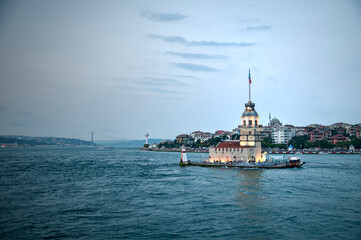 Maiden's Tower and the ship in the Bosporus, Istanbul, Turkey