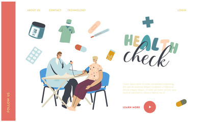 Medical Check Up, Checking Arterial Pressure Landing Page Template. Doctor Character Use Tonometer for Measuring Female Patient Blood Pressure Health Care Monitoring. Linear People Vector Illustration