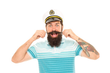 Huge surprise. Surprised sailor twirl moustache with mouth open. Barbershop. Bearded man get emotional surprise. Surprising news. Surprise adventure. Sea travel. Vacation. Surprise someone with trip