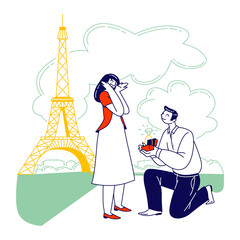 Characters Romantic Proposal in Paris Concept. Man with Engagement Ring Asking Woman to Merry Standing on Knee. Love Relationship Marriage and Family, Valentines Day. Linear People Vector Illustration