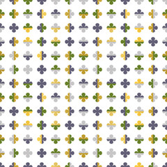 Four leaf water clover seamless pattern with gold, green, grey and purple leaves. Regularly repeating geometric vector shapes for wallpaper, interior fabrics, prints and stationery. 