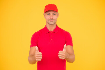 Freight transportation. Perfect delivery. Delivery man yellow background. Express delivery courier service. Parcel post package. Delivery copy space. Cashier shop staff. Black friday. Free services