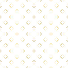 Delicate gold four leaf  water clover pattern. Stylised gold stroke leaves, minimal concept. Regular repeating flowers for fancy silk fabrics for fashion and interiors. 