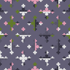 Seamless pattern of small and large four leaf clover symbols. Regularly repeating geometric vector shapes for wallpaper, interior fabrics, prints and stationery. 