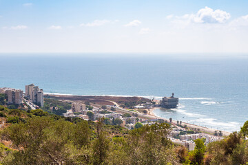 View from Mount Carmel to the downtown of Haifa and the Mediterranean coast in the city of Haifa in northern Israel