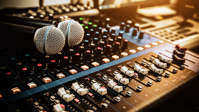 Microphone with sound mixer in studio workplace for live the media and sound recording equipment and sound system concept.