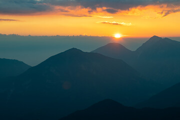 Morning view from the Kosuta ridge in Karavanke range Alps at the sunrise, Slovenia