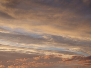 Amazing gradient of the evening sky. Colorful cloudy sky at sunset. Sky texture, abstract nature background, soft focus