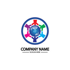 world comunity logo with people and globe illustration design vector.