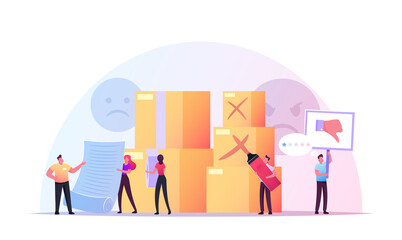 Claim Customer Concept. Tiny Male and Female Characters at Huge Carton Boxes. Clients Unsatisfied with Service or Goods Quality Writing Complaint and Bad Feedback. Cartoon People Vector Illustration