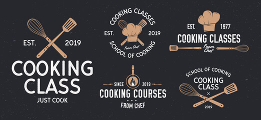 Cooking classes badges. Vintage cooking and Food labels, emblems, badges, logo. Culinary school, cooking courses, food studio, kitchen logo templates. Vector illustration