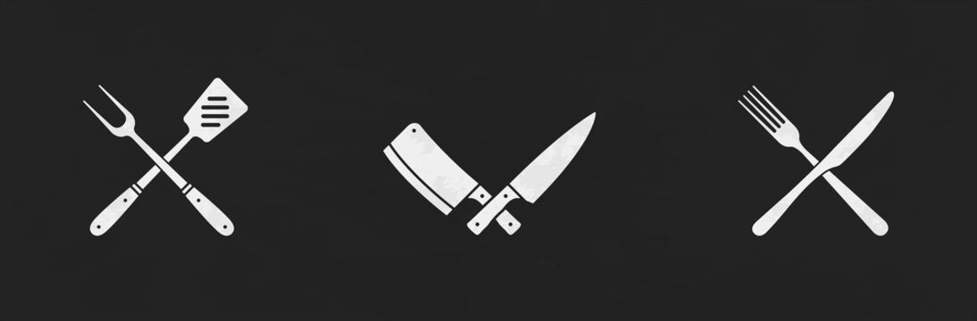 Barbecue, Butchery and Restaurant supplies isolated on black background. fork, knife, meat cleaver, chef's knife, grill fork and spatula icons. Vector design elements for logo, emblem, menu.
